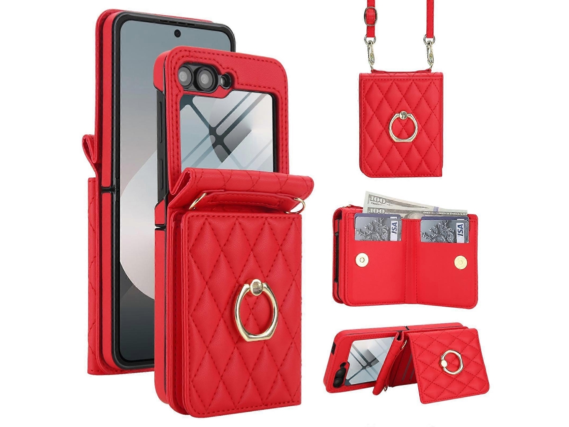 Capa Para Celular Samsung Galaxy Z Flip5 5g Com Textura Rômbica Integrada, Compartimento Para Cartão Rfid E Cordão Longo.