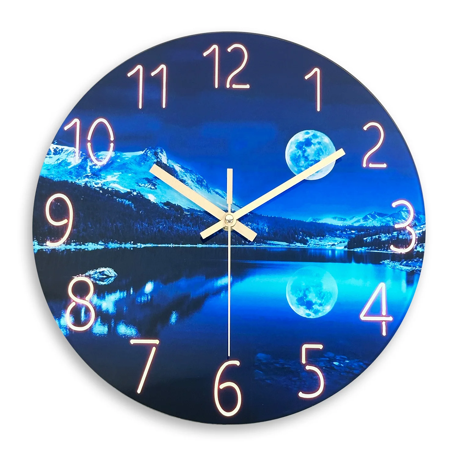 Relógio de parede em vidro temperado com padrão de iceberg, lua, floresta e lua azul (16 polegadas) Da Creative Blue Moon Iceberg Moon Glass.