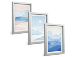 Conjunto De Pinturasmontanhas Em Aquarela Azul E Rosa Moldura Prateada Quadros Para A Sala De Estar Espelharte (3 Peças 20x30 Cm)