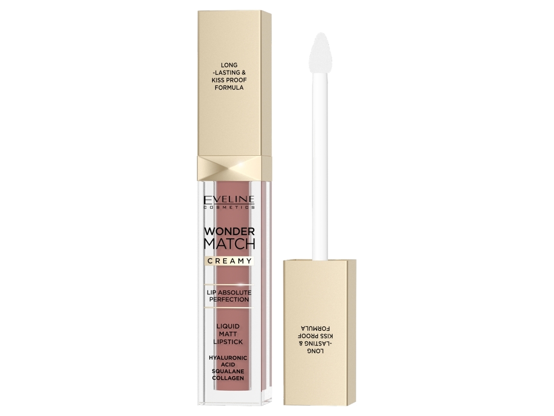 Batom líquido matte Eveline Wonder Match, cor Dream Nude 09, 6,8 ml, fórmula de longa duração e alta pigmentação para um acabamento sedoso e suave. Eveline Cosméticos