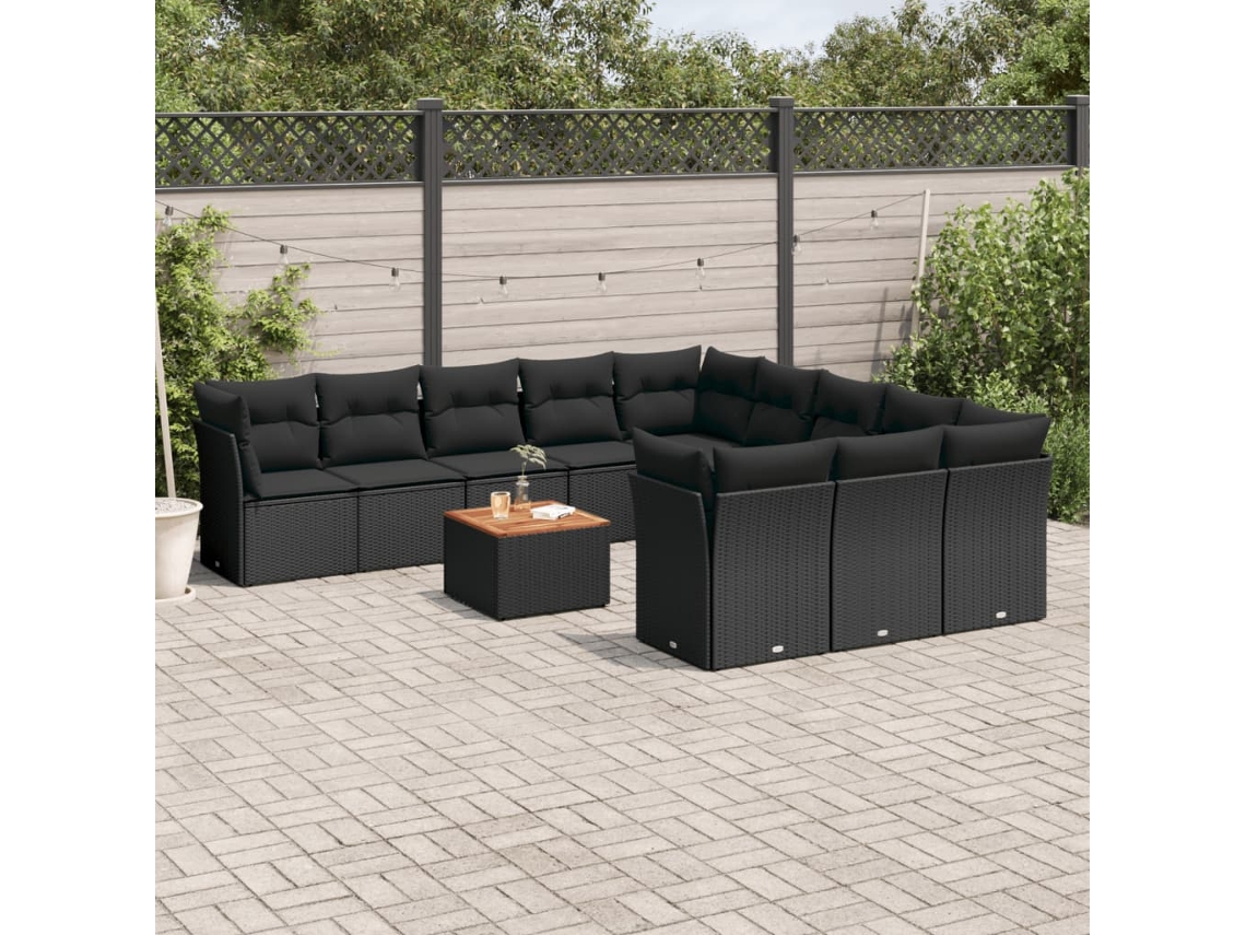 12 Pcs Conjunto De Sofá Jardim C/ Almofadões Vime Pe Preto Dkd Home Decor