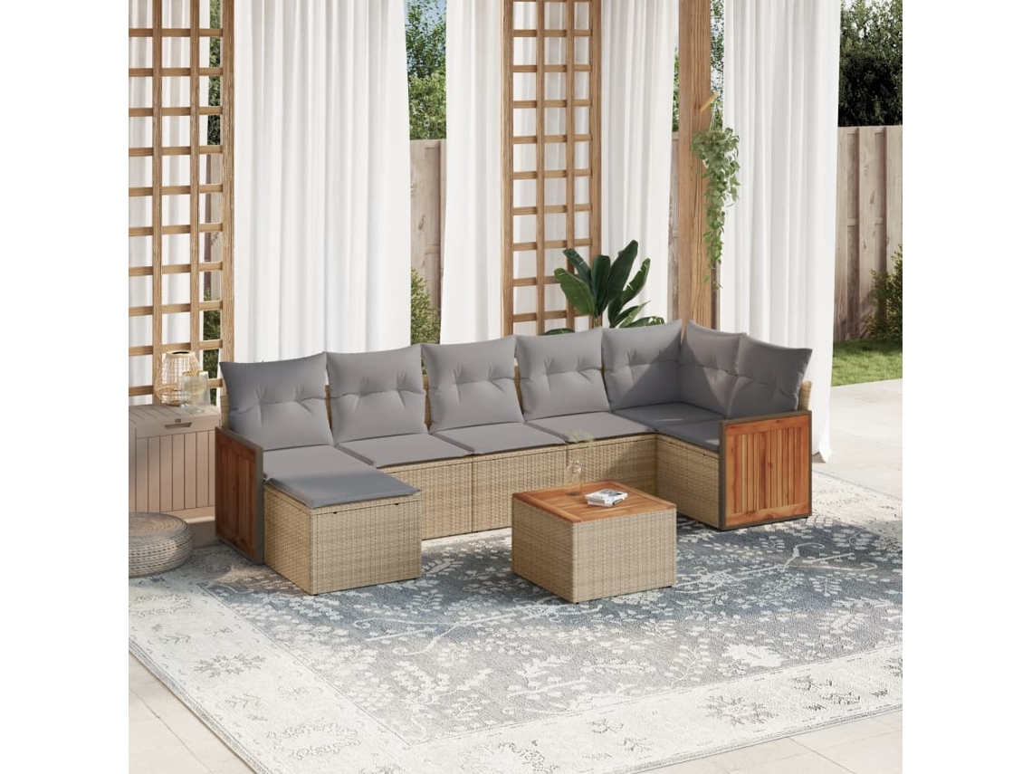 Vidaxl 8 Pcs Conjunto De Sofás P/ Jardim Com Almofadões Vime Pe Bege