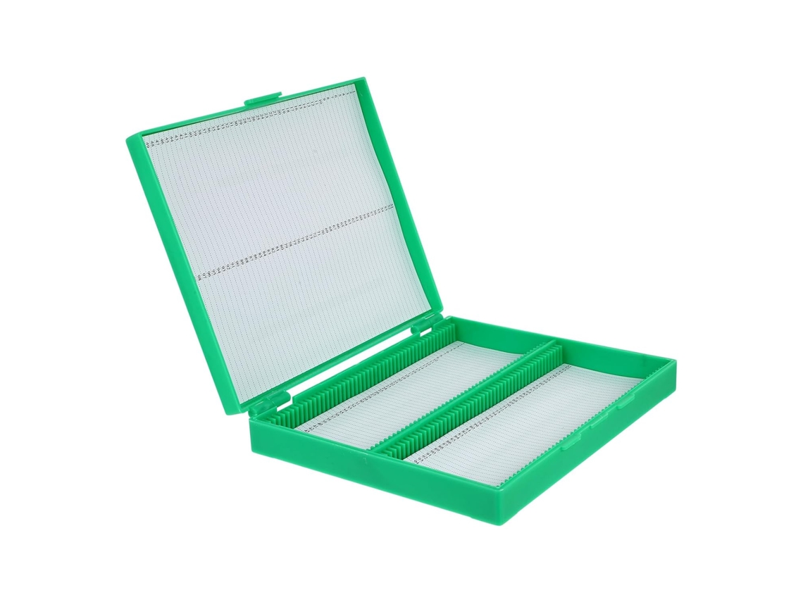 Estojo Plástico Verde Para Lâminas De Microscópio Com Compartimentos Numerados.
