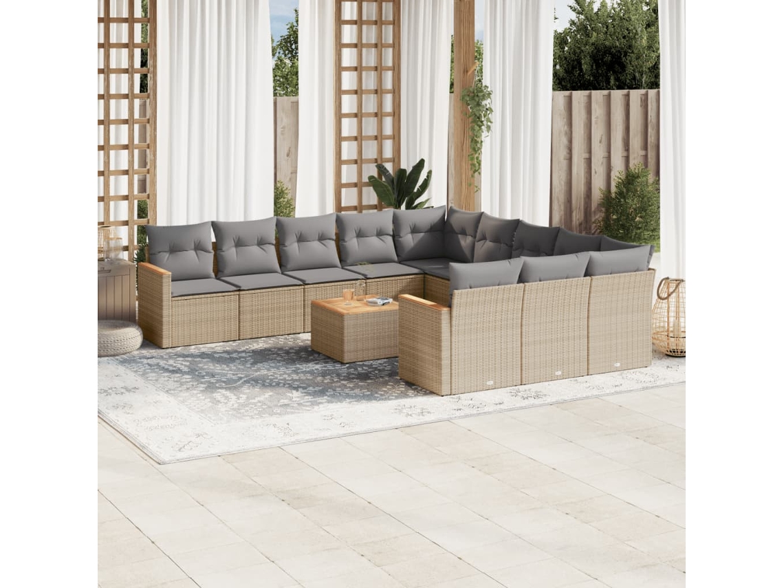 Vidaxl 12 Pcs Conj. Sofás Jardim C/ Almofadões Vime Pe Bege Misturado