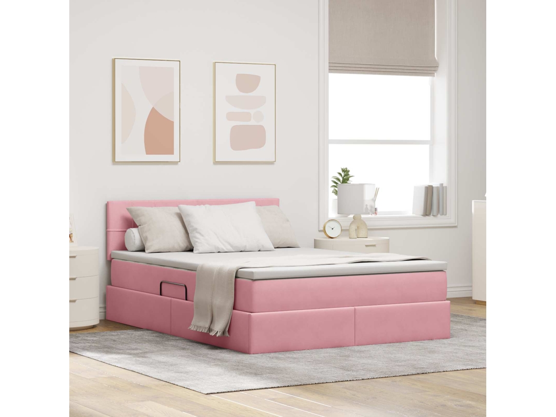 Vidaxl Cama De Armazenamento Led Com Colchão Rosa 140 X 190 Cm Veludo