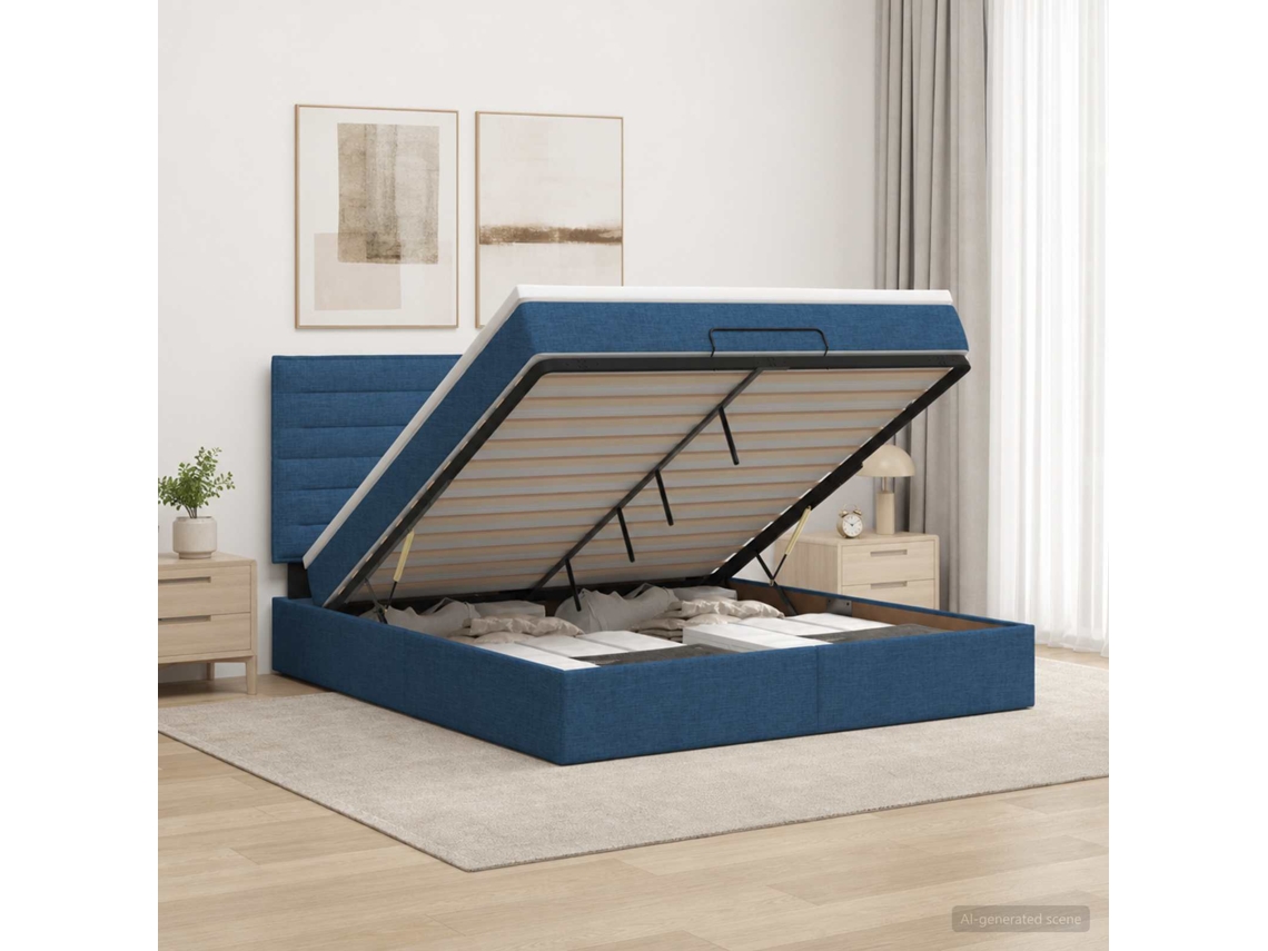 Vidaxl Cama Ottoman Com Colchão Com Cabeceira Azul 180 X 200 Cm Tecido