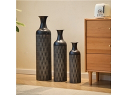 Conjunto 3 Vasos Chão Pretos 50/66/83cm Canelado Industrial