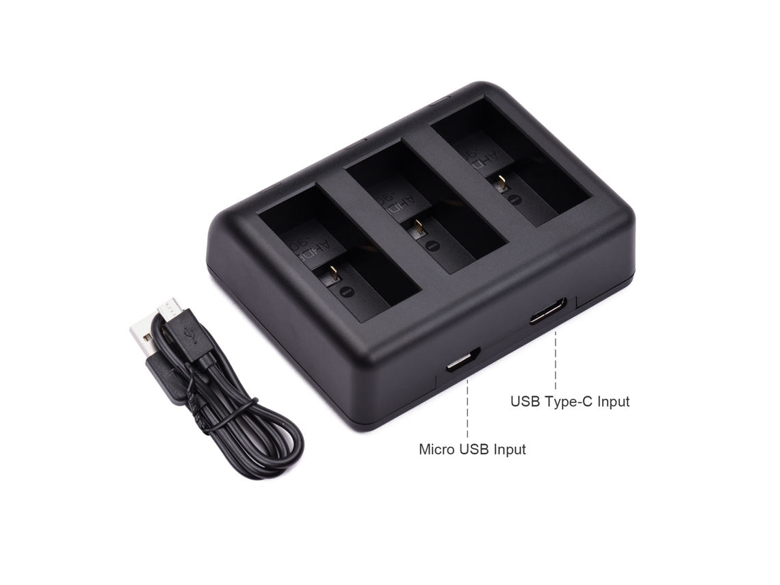 Carregador de bateria para câmera de ação com 3 slots, carregamento rápido e entrada micro USB tipo C. Substitui as baterias GoPro Hero 9 e 10. LAXISCREED