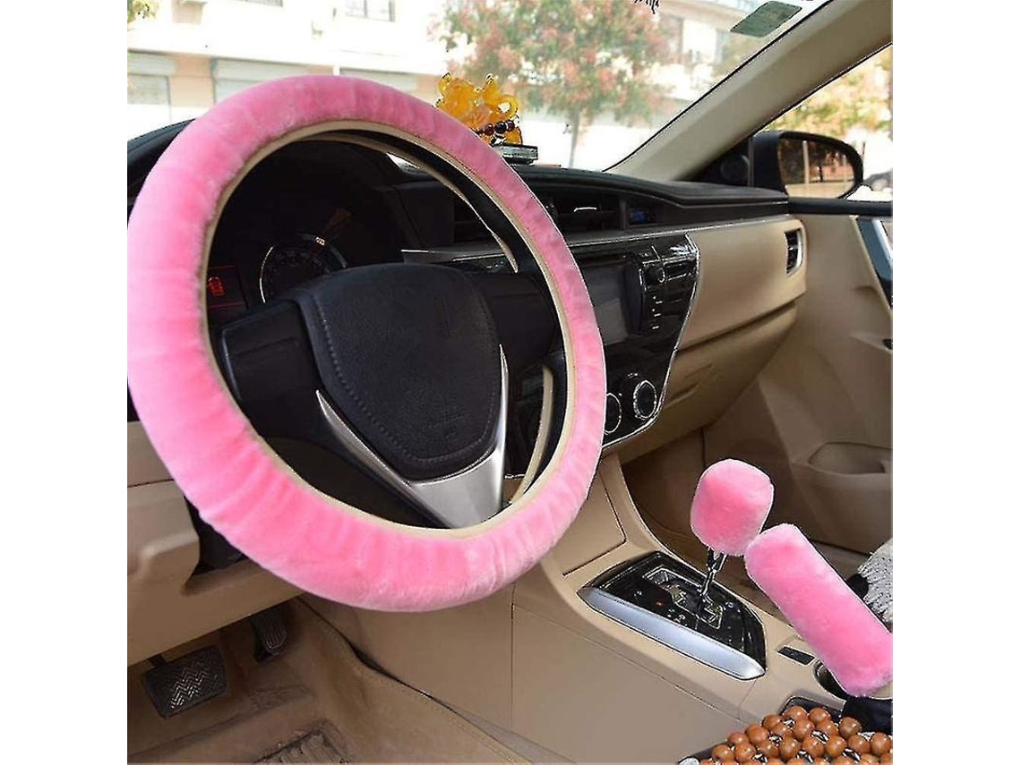 3pcs Capa Volante Trava Mão Marcha Pelúcia Quente Inverno Acessório Carro Rosa