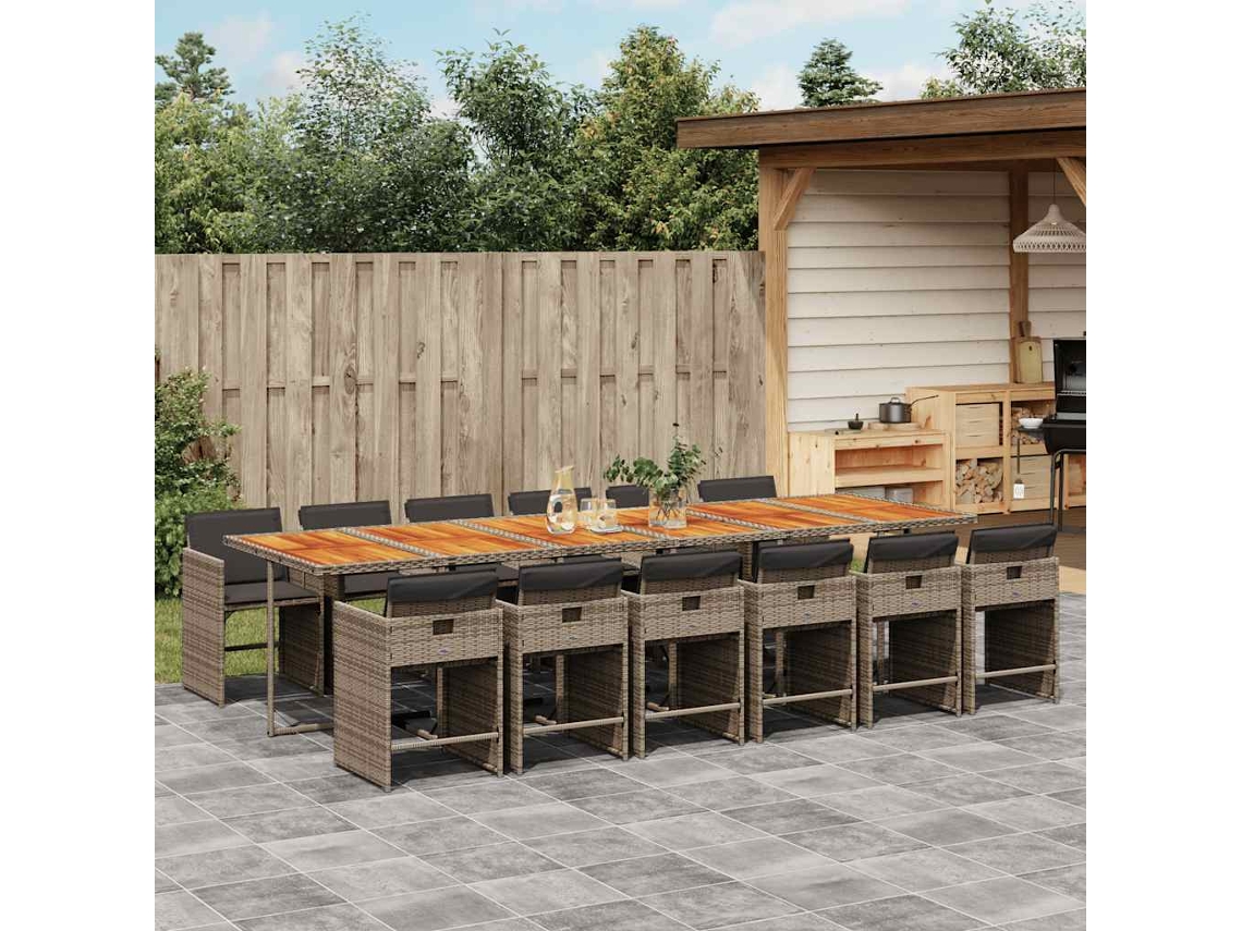 Vidaxl 13 Pcs Conjunto Jantar P/ Jardim C/ Almofadões Vime Pe Cinzento