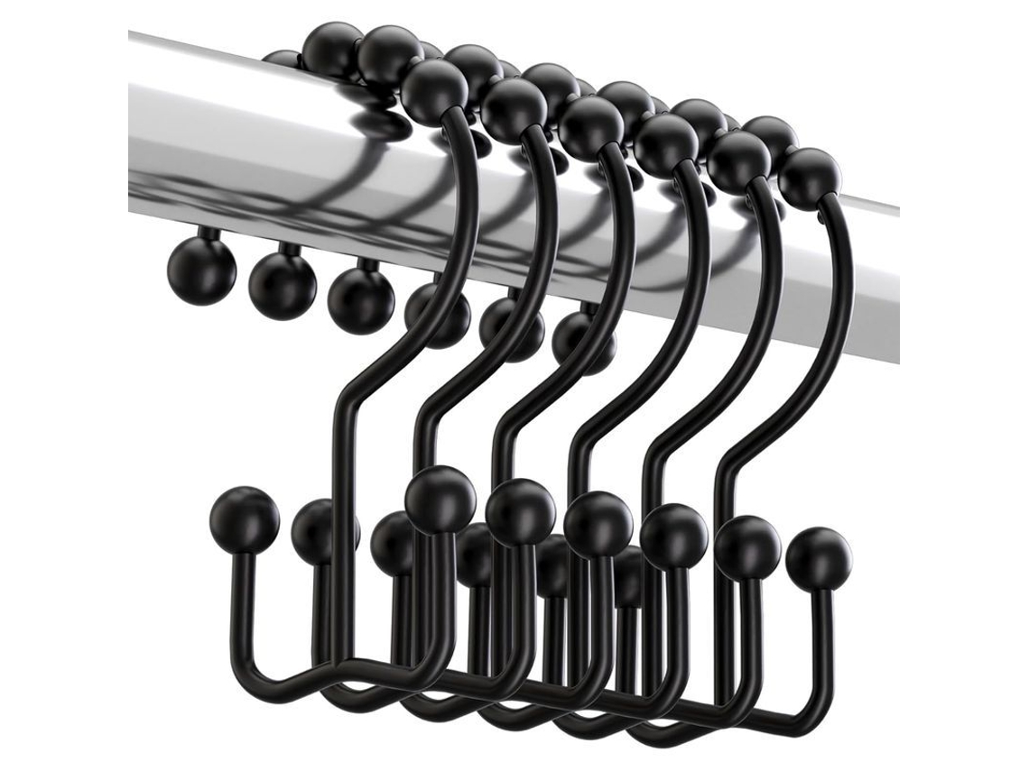 ganchos de cortina de chuveiro em metal resistente à ferrugem, design de dobro, 12 unidades preto