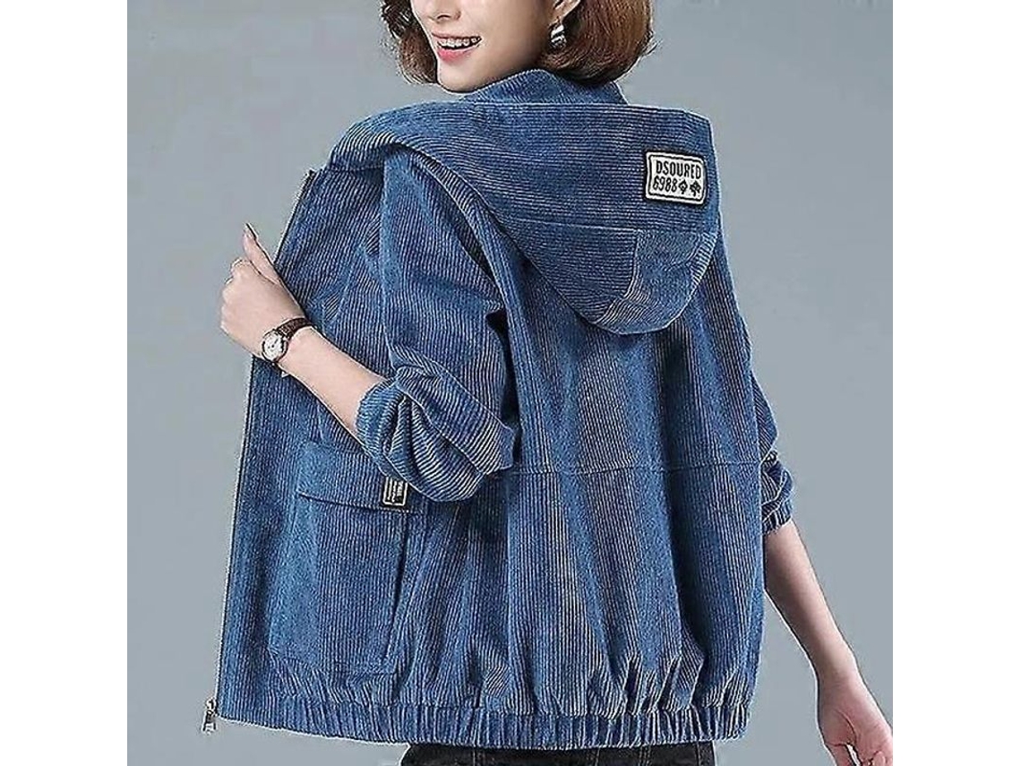 Chaqueta Corta Mujer Primavera Otoño Coreana Suelta Cremallera Con Capucha Casual Algodón Poliéster Azul S