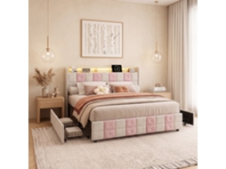 Cama Estofada Casal 140x200 Cm Com 4 Gavetas De Arrumação, Iluminação Led, Cabeceira Com Usb E Cama De Arrumação Em Veludo, Rosa E Branco