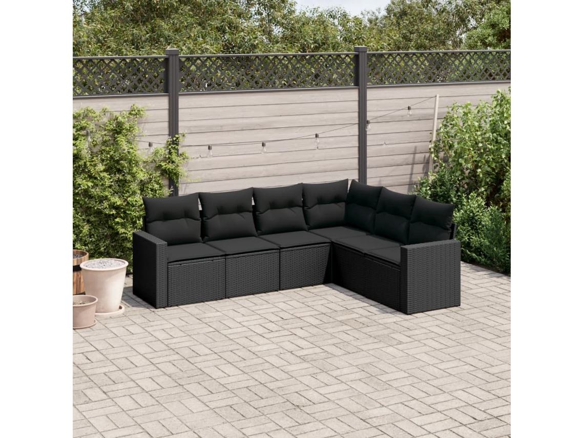 6 Pcs Conjunto Sofás De Jardim C/ Almofadões Vime Pe Preto Dkd Home Decor