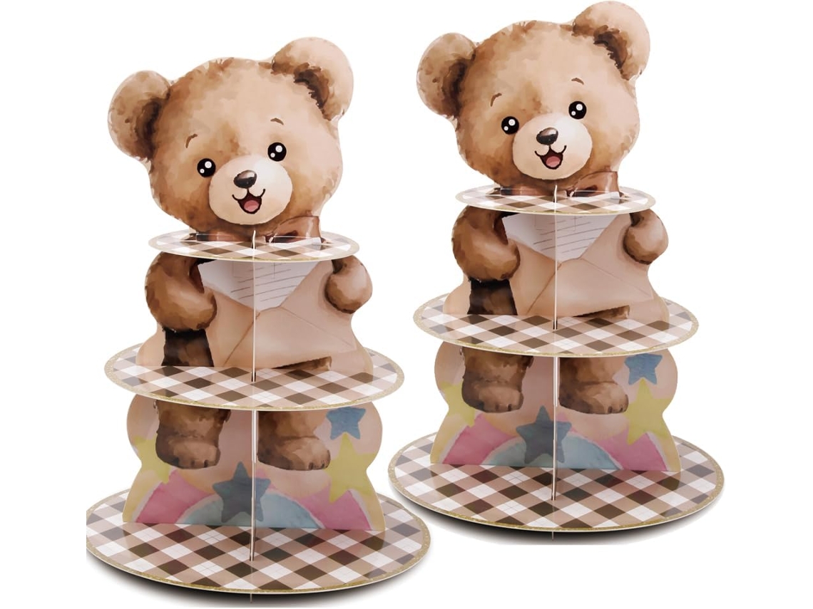 Suporte Para Cupcakes De 3 Andares Em Formato Urso Marrom (2 Unidades), Torre Sobremesas Papelão Com Tema Ursinho Pelúcia, Chá Bebê E Festa
