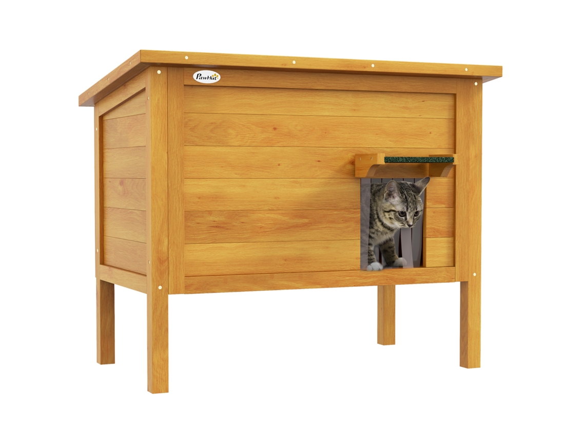 Casinha De Madeira Para Gatos, Para Uso Externo, Com Plataforma Elevada E Teto Retrátil Isolado, 85 X 50 X 68,5 Cm, Verde Natural.