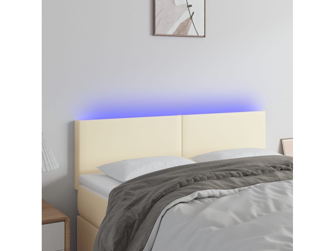 Vidaxl Cabeceira De Cama C/ Led 144x5x78/88 Cm Couro Artificial Creme