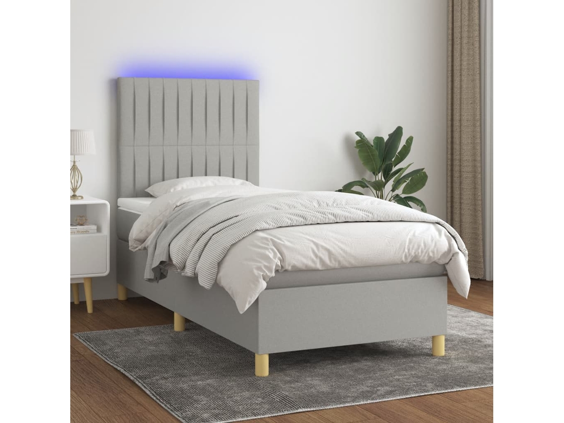 Vidaxl Cama Box Spring C/ Colchão E Led 100x200 Cm Tecido Cinza-claro