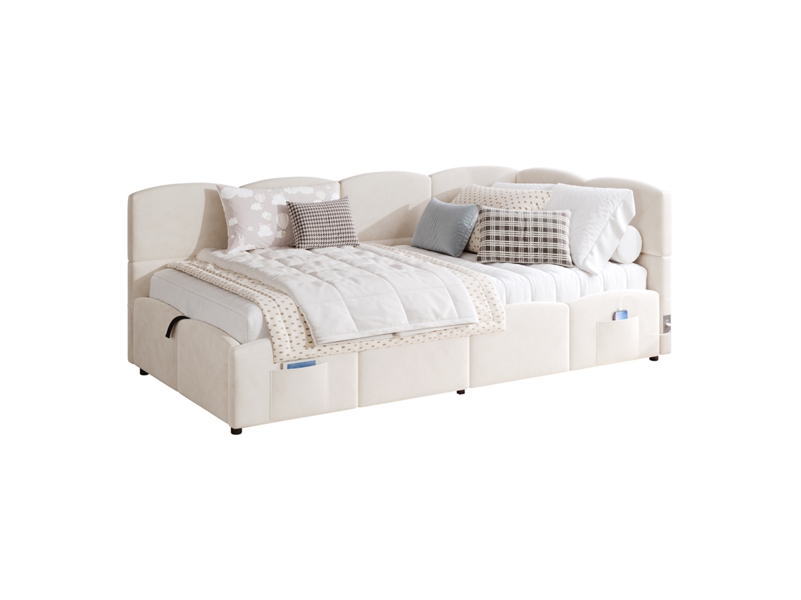 Cama Estofada de Solteiro Rosa com Gavetas PAPRIKA