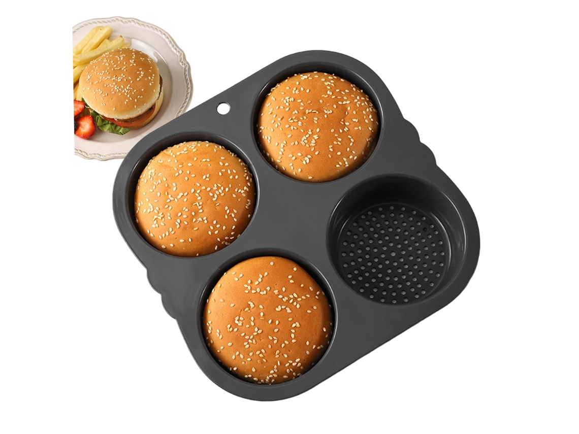 Molde de Silicone Antiaderente para Pão de Hambúrguer de 4 Polegadas com 4 Cavidades, Boa Porosidade para Panificação.