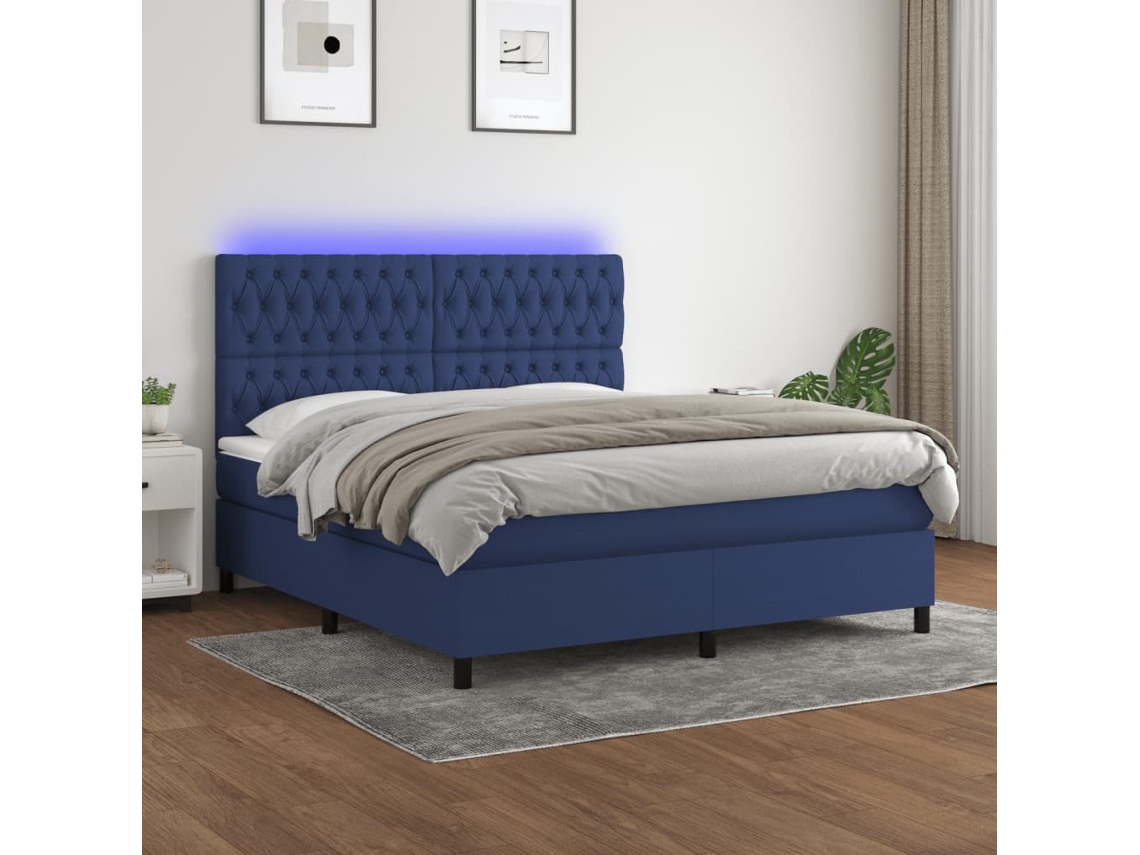 Vidaxl Cama Box Spring C/ Colchão E Led 180x200 Cm Tecido Azul