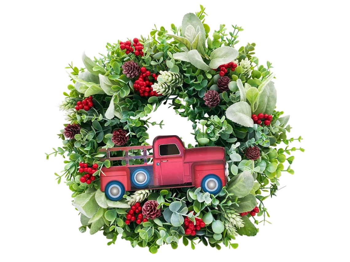 Guirlanda de Natal Artificial com Caminhão Vermelho, Bagas e Pinhas para Porta e Decoração