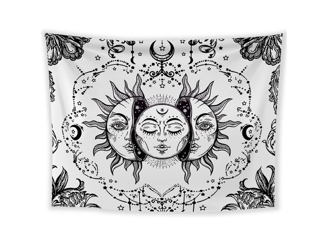 Tapestry De Pared Mandala Sol E Lua Preto E Branco Para Quarto Decoração Psicodélica