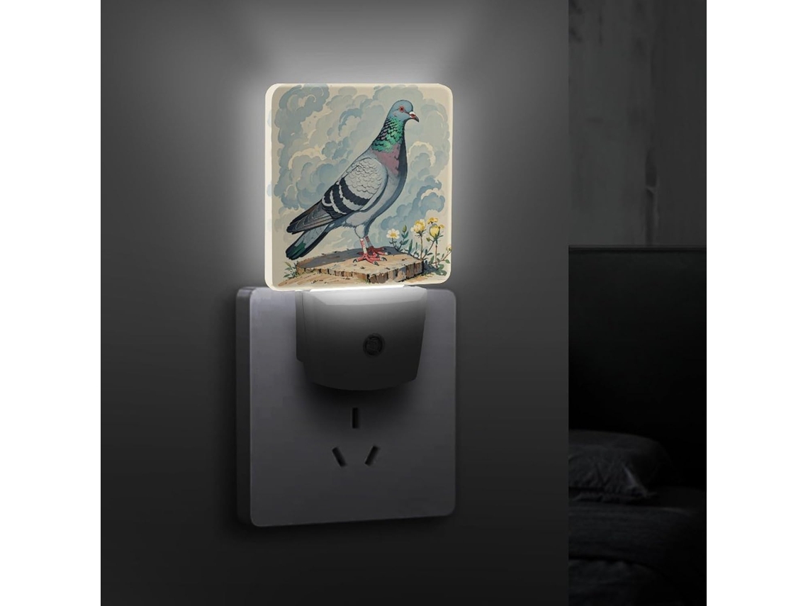 Luminária De Parede Com Sensor Crepuscular E Estampa Pomba Cinza, Ideal Decorar Quartos, Banheiros, Cozinhas E