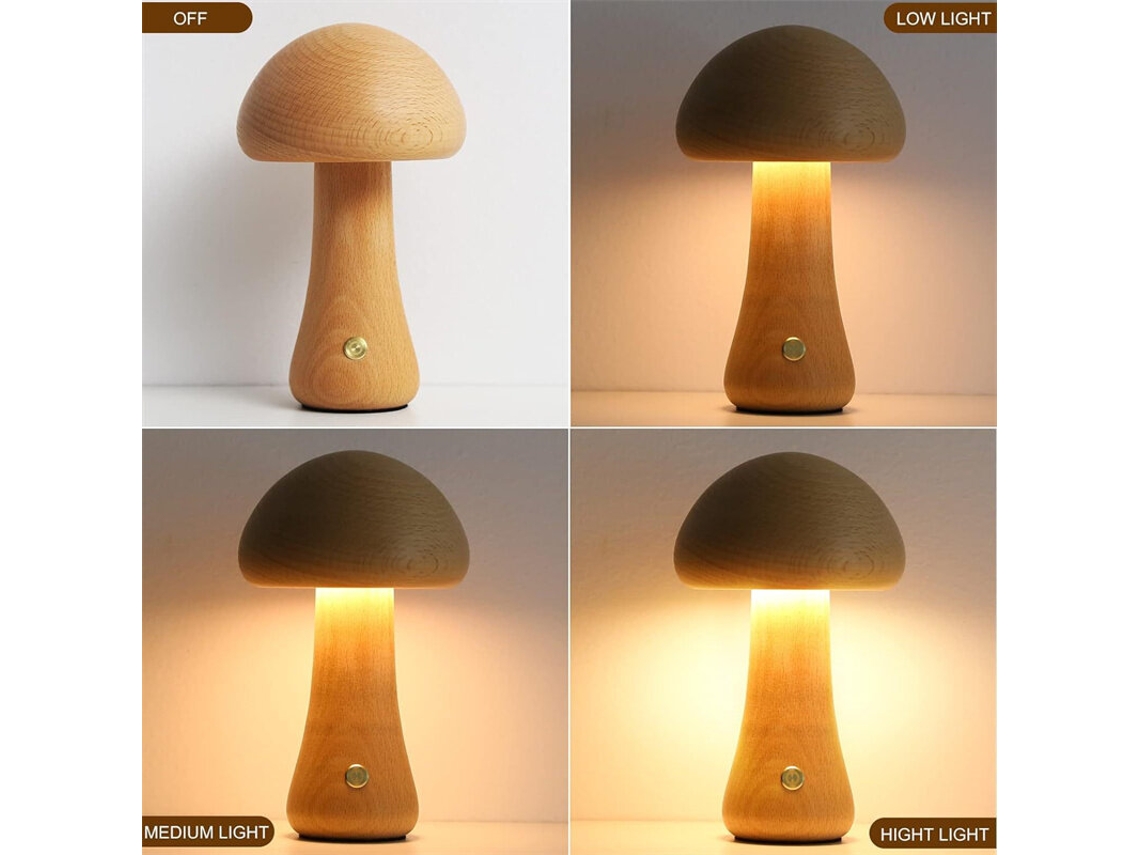 Luz De Presença Usb Com Led E Interruptor De Toque, Luminária De Mesa De Madeira Com Cogumelos Fofos Para Quarto De Criança, Luminária De