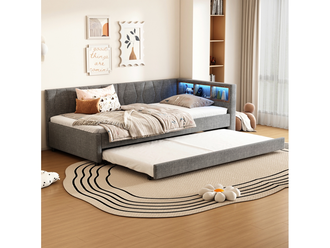 Sofá-cama 90x200 Cama Extraível Usb-c Led Ripas Cinza