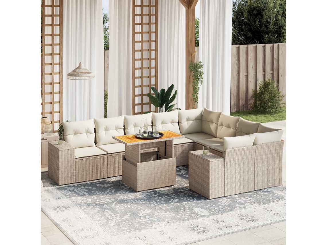 Vidaxl 10 Pcs Conjunto De Sofás P/ Jardim Com Almofadões Vime Pe Bege