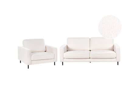 Conjunto de Sofá de 3 Lugares e Poltrona Beliani Savalen de Bouclé Branco, 204x91x87 cm