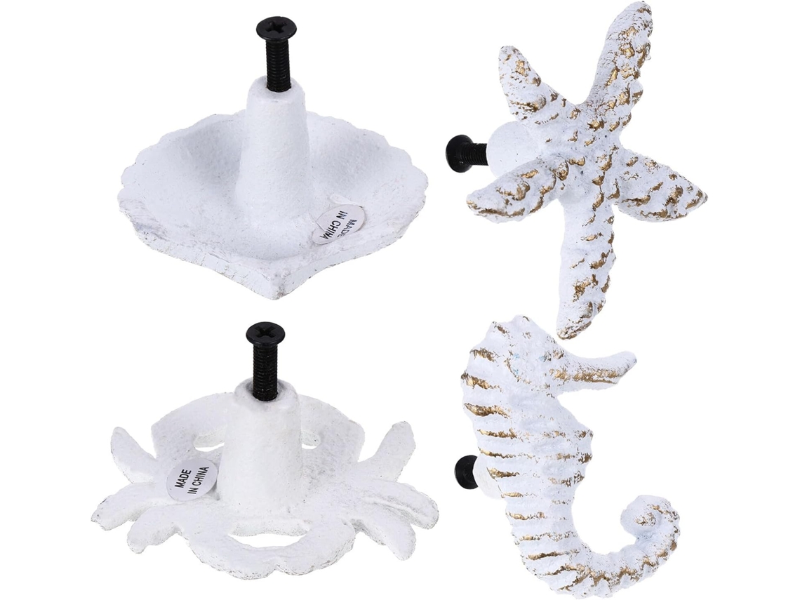 Conjunto De 4 Puxadores Gaveta Vintage Em Ferro Com Tema Náutico, Em Formato De Animais Marinhos