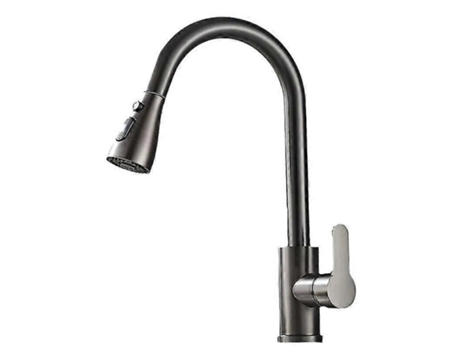 Torneira de cozinha elegante com acabamento em níquel, furo único, com pulverizador e misturador térmico para pia de cozinha. Sygo