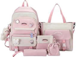 Conjunto Mochila Escolar 5 Peças, Lona, Urso, Rosa, Aulas