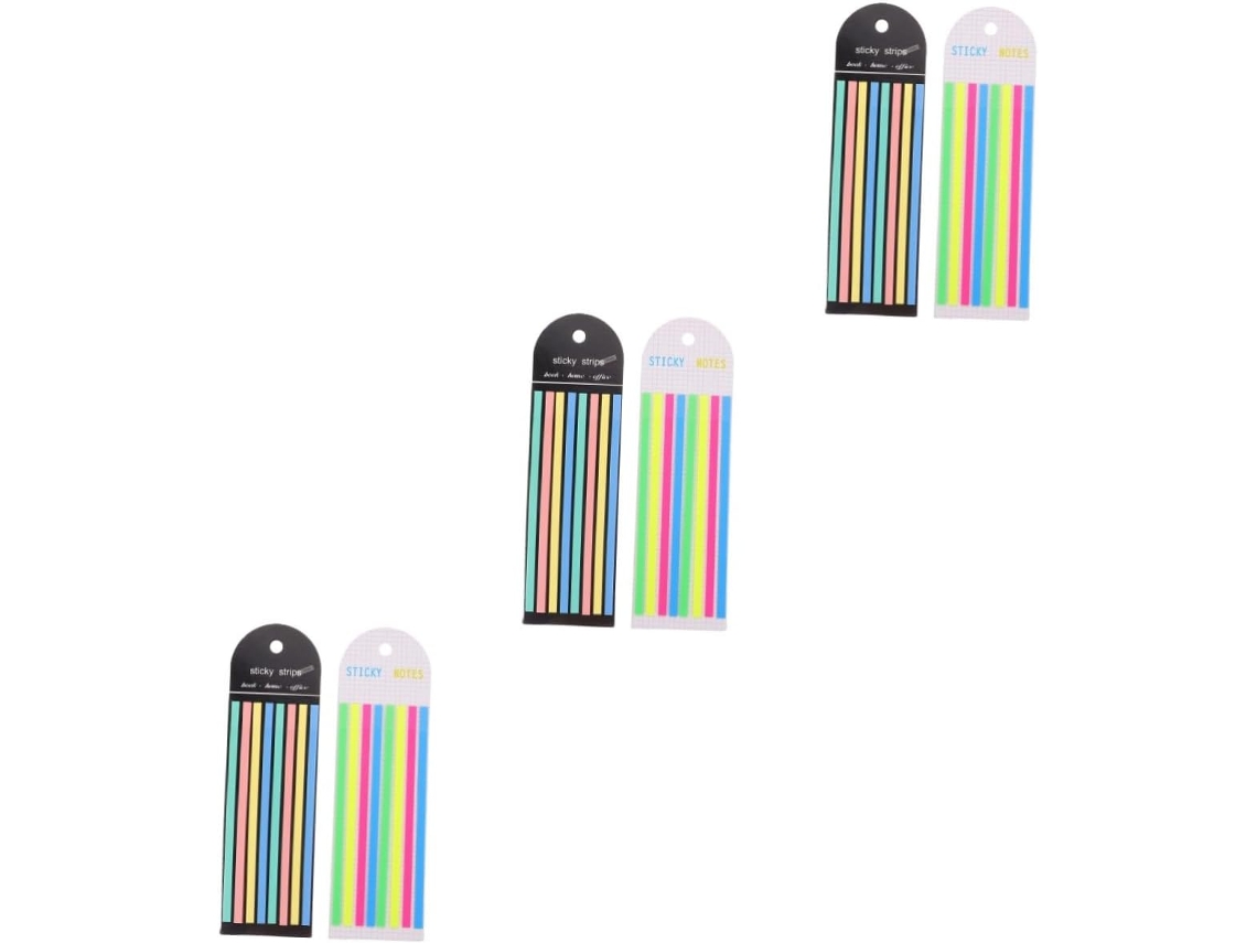 Conjunto de 3 blocos de notas adesivas, marcadores de página adesivos e tiras de marcadores de página compridas.