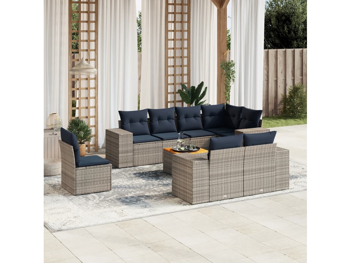 Vidaxl Conjunto De Sofá De Jardim De 9 Peças Com Almofadas Em Rattan Sintético Cinza