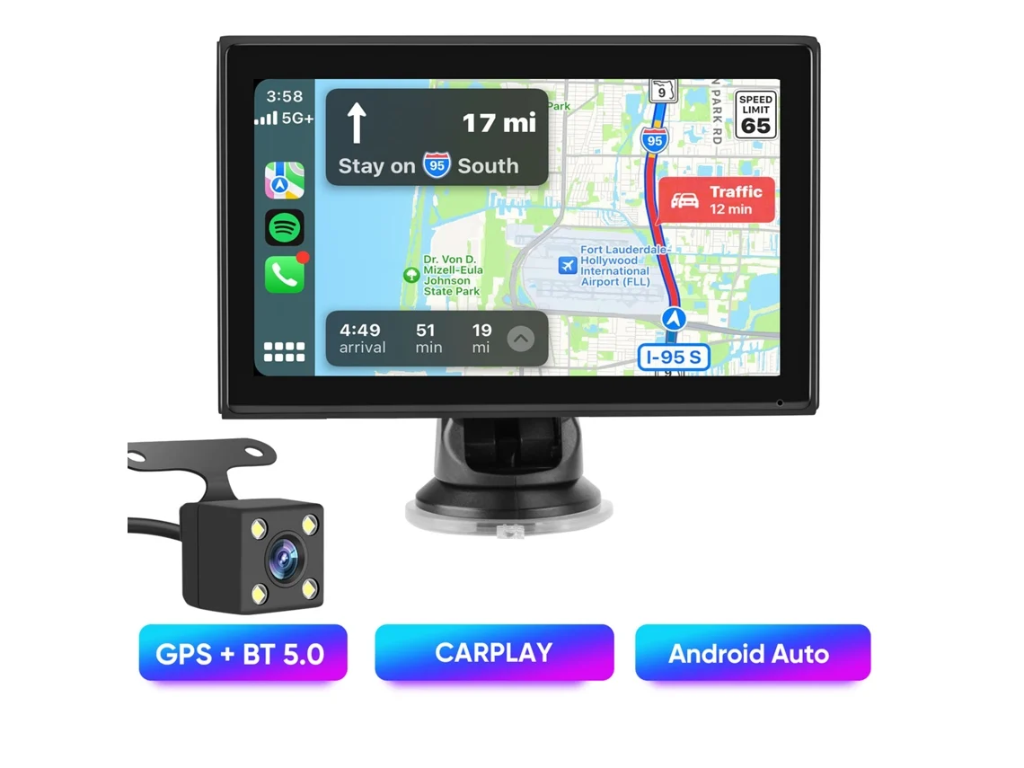 Ecrã Portátil Carplay E Android Auto Sem Fios 7” Câmara De Ré Incluída Som Fm/aux/bt Junsun