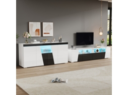 Móvel Tv E Aparador 180x38,5x45 Cm Alto Brilho Com Led, Lowboard 140x40x65 Cm, Preto E Branco