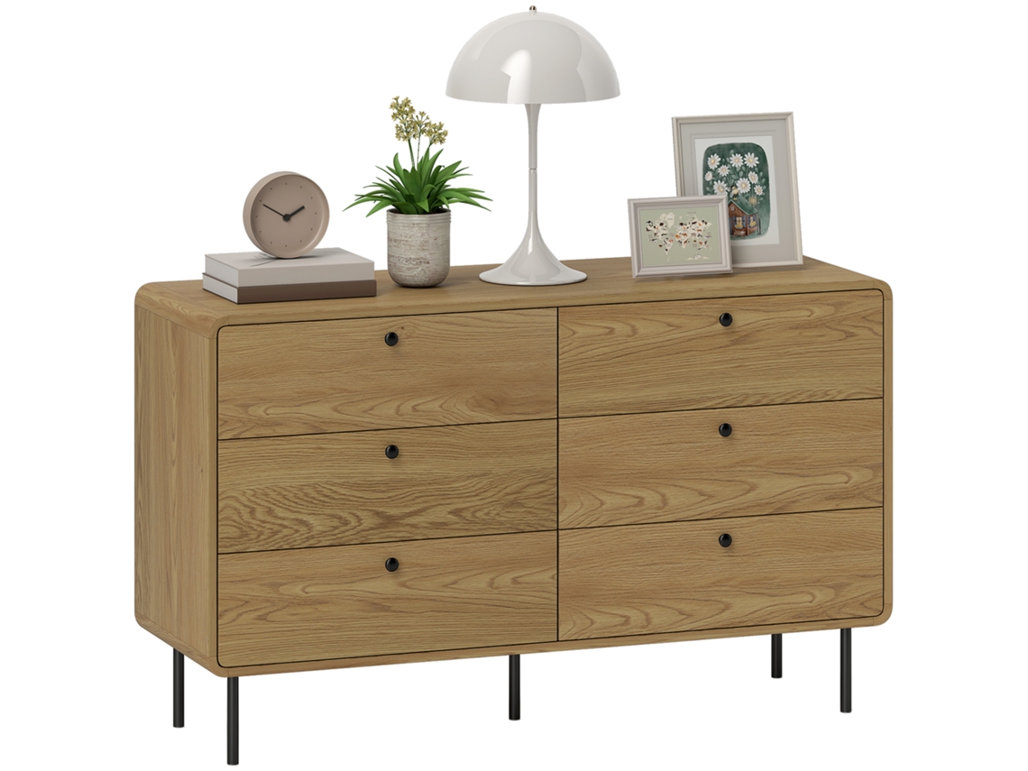 Cômoda com 6 gavetas, cantos arredondados, pernas de aço, 120x40x75 cm, Carvalho | S/MARCA