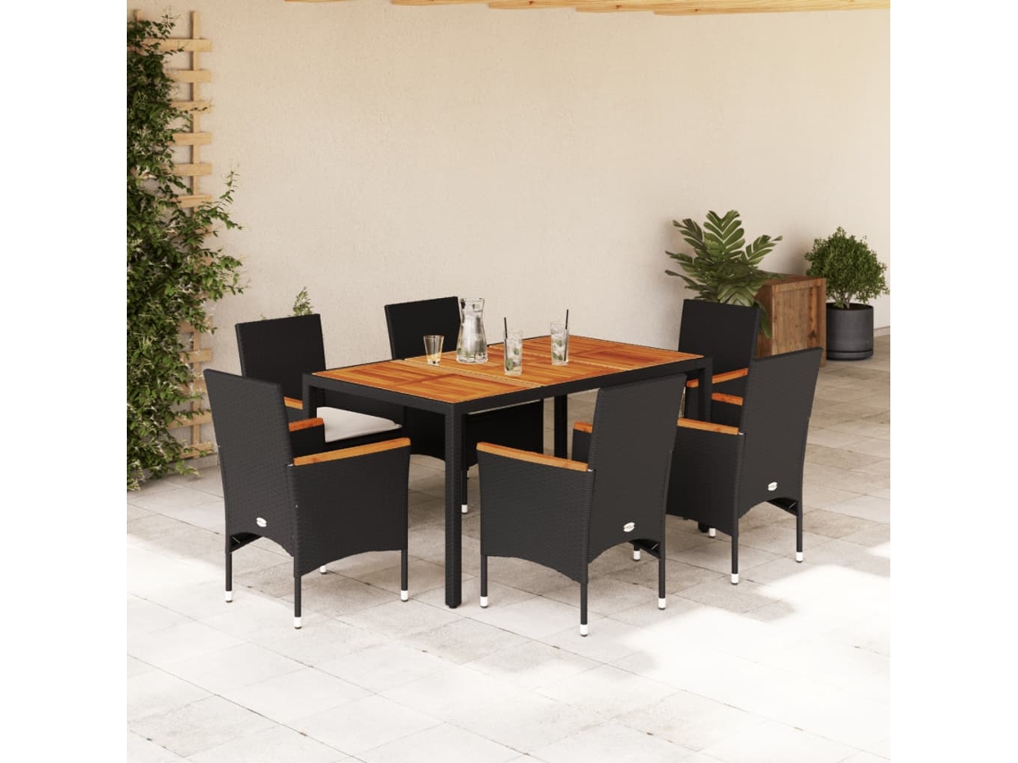 Vidaxl 7 Pcs Conjunto Jantar Jardim C/ Almofadões Vime Pe/acácia Preto