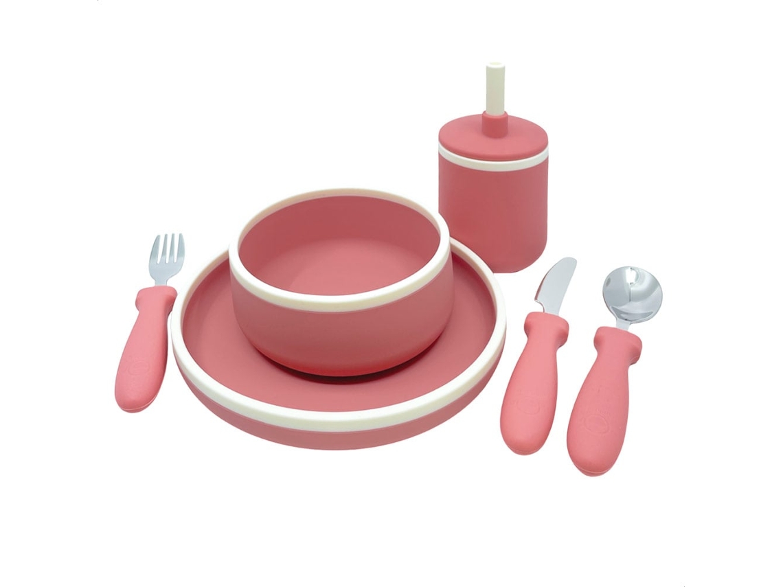 Conjunto De Jantar Infantil De Silicone Smikkels Rosa, Livre De Bpa E Sustentável.
