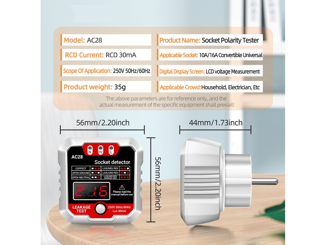 YURU Testador de Tomada Aneng com Display LCD 250V Detector de Vazamento