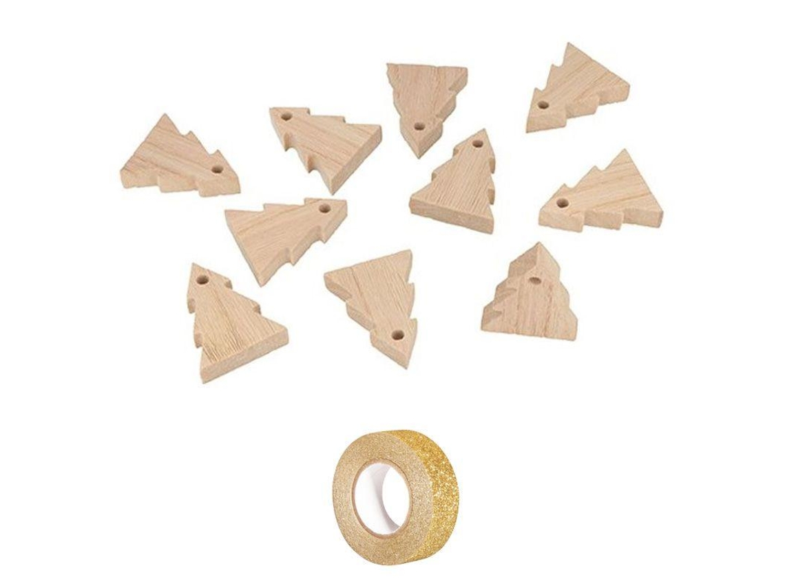Guirlanda de Natal com 10 Pinheiros de Madeira 5 Cm Fita Adesiva Glitter Dourada 5 M YOUDOIT