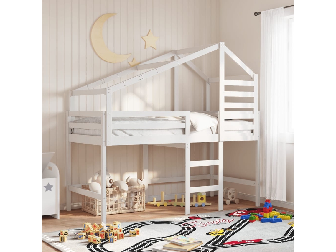 Cama Alta C/ Escada E Telhado 80x200 Cm Pinho Maciço Branco