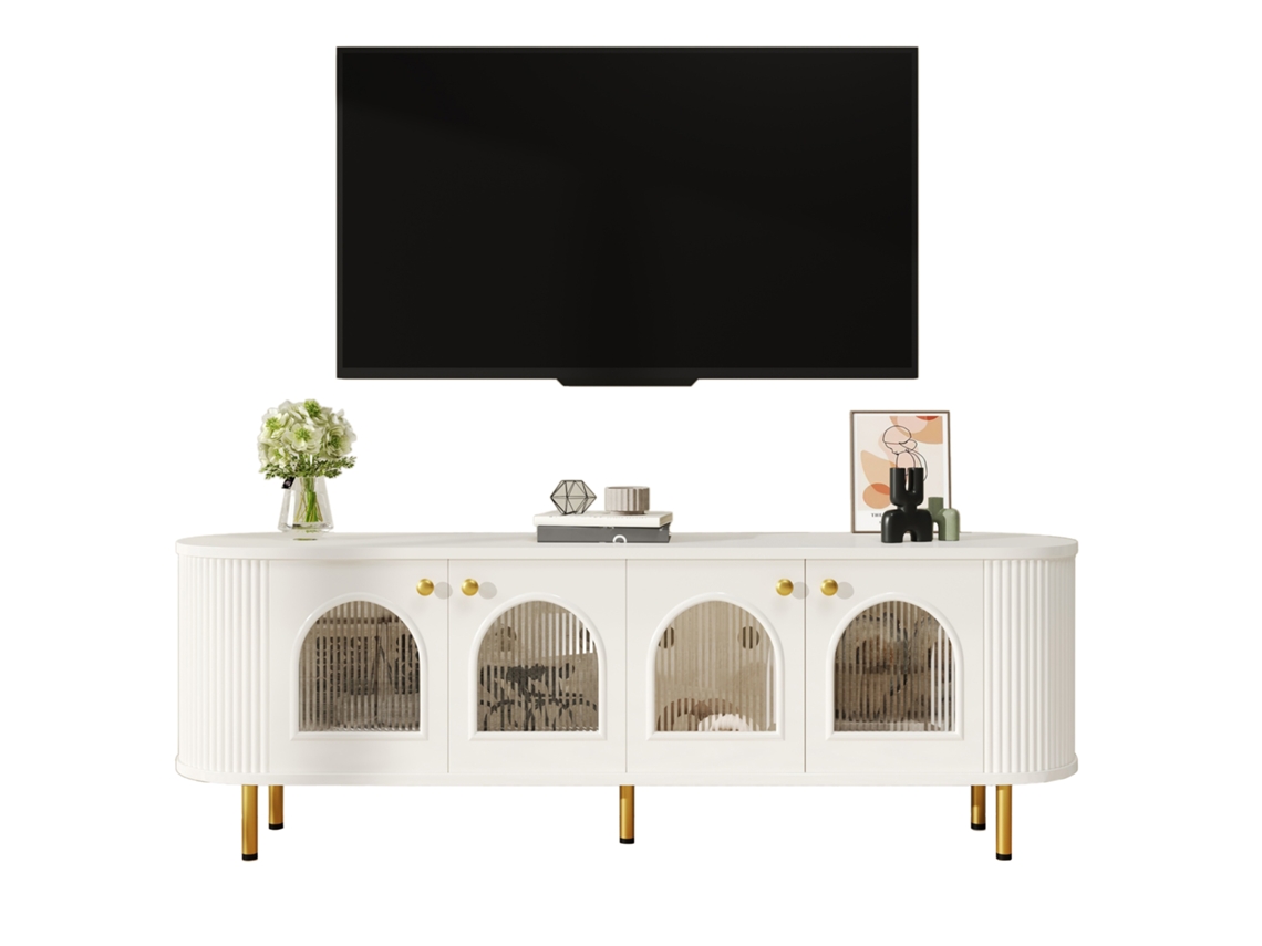 Armário Para Tv, Rack Com Portas De Vidro, Móvel Prático Para Sala, Puxadores E Pés Dourados.