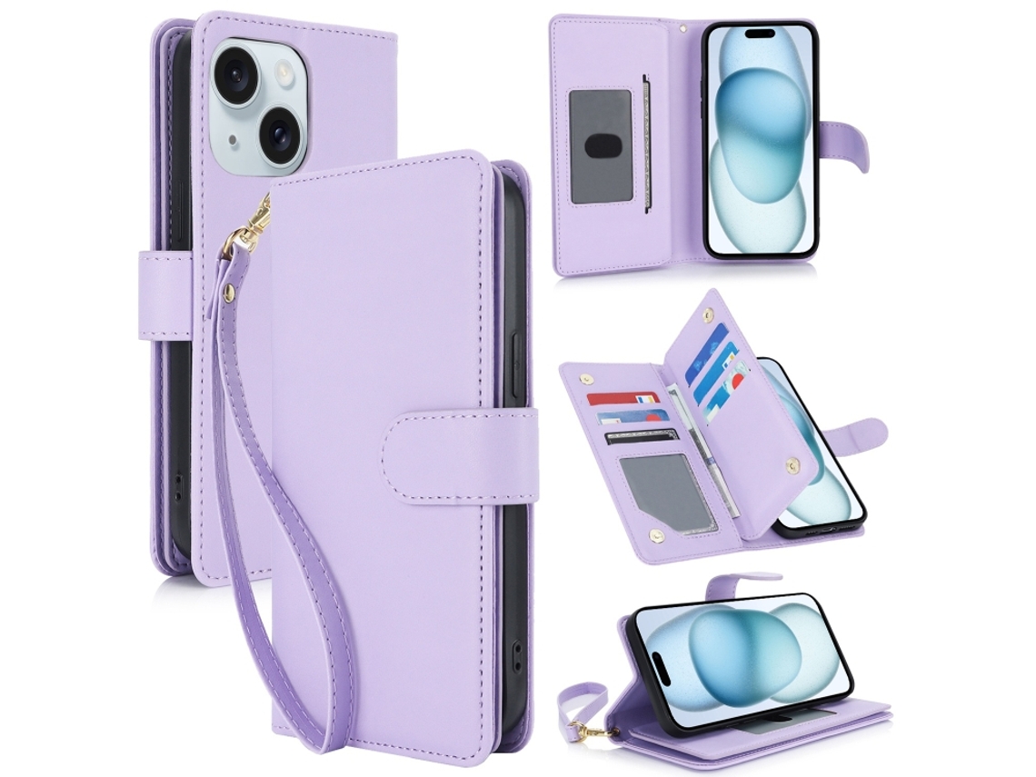 Capa Carteira De Couro Para Iphone 15 Plus - Com Rfid - Para Vários Cartões