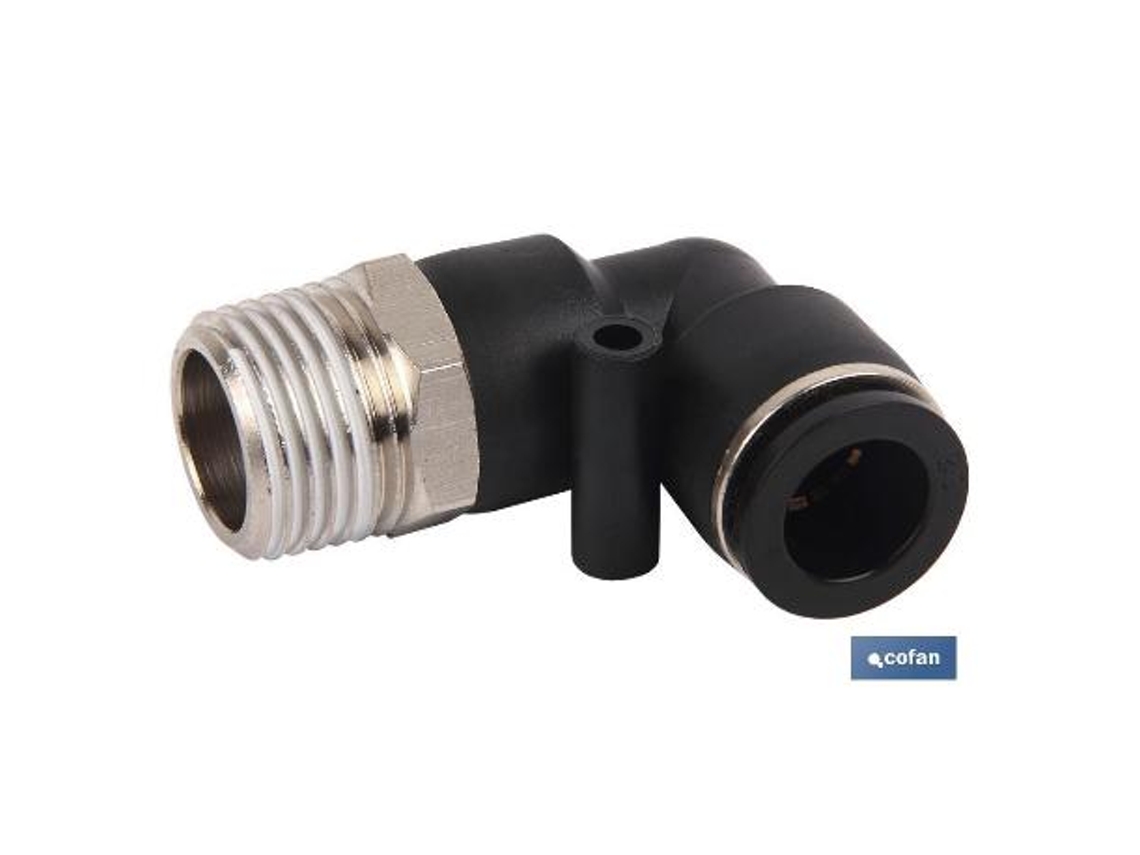 Racor roscado codo plastico t-4, r-1/4   caja 10 unid.