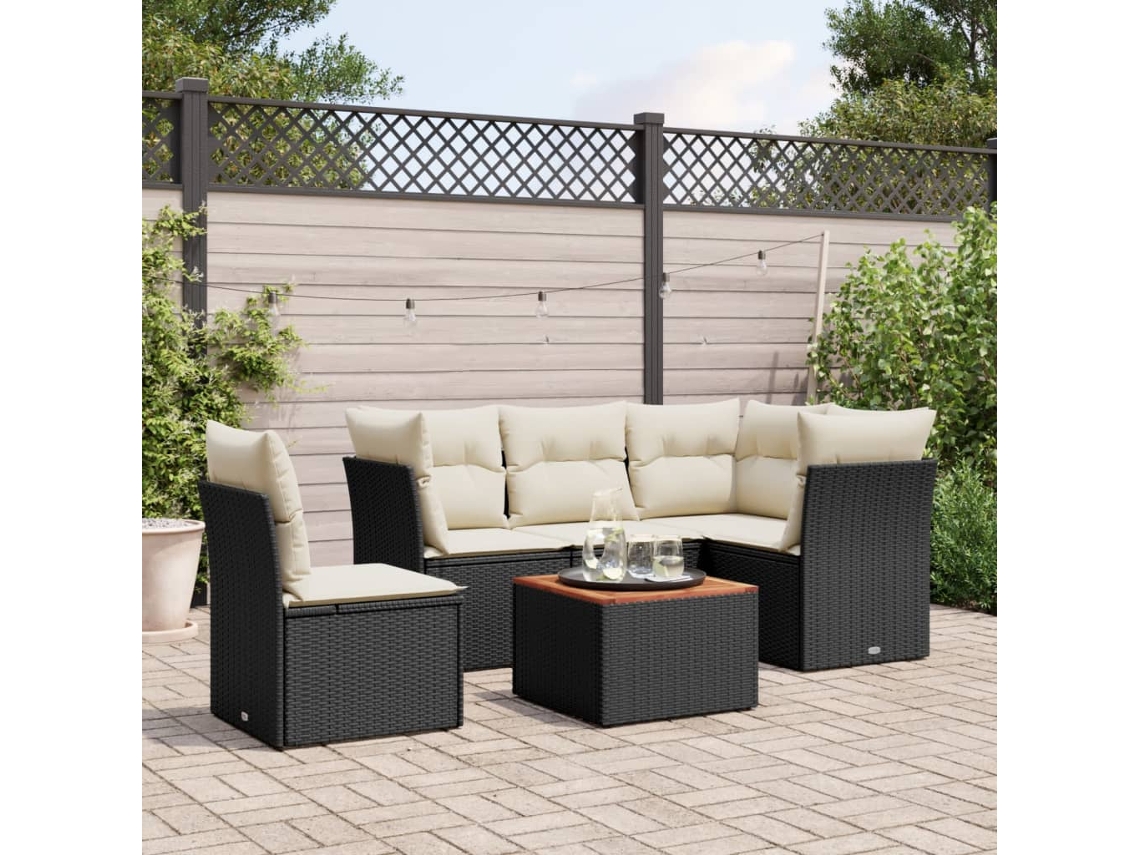 6 Pcs Conjunto de Móveis de Jardim - Conjunto Sofás de Jardim C/ Almofadões Vime Pe Preto HARLANV1