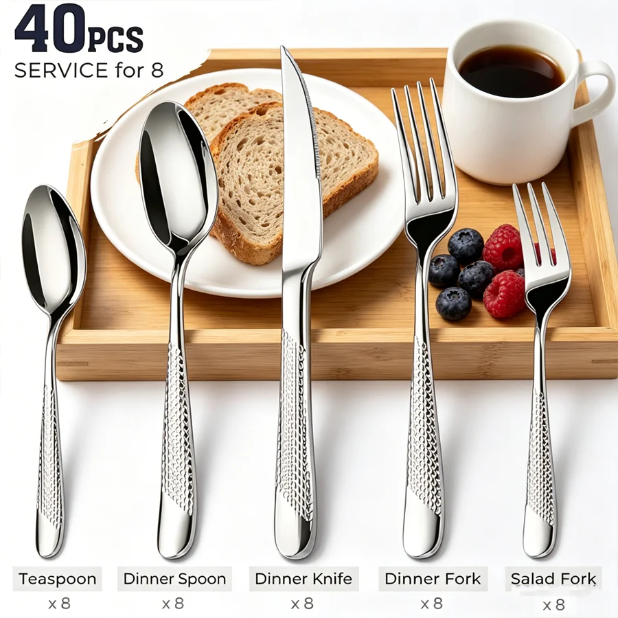 Conjunto De Talheres De Aço Inoxidável (40 Peças, Cor Prata), Próprio Para Lava-louças.